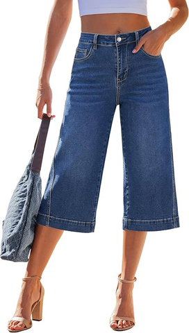 GRAPENT Capri Jeans for Women Wide Leg Trendy High Waisted Side Seam Stretchy Denim Capris Pants Summer Casual Jeans