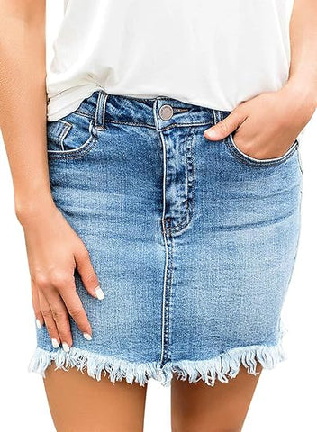 GRAPENT Women's Mid-Waist Ripped Denim Skirt Casual Fringed Hem Mini Skirt with Pockets