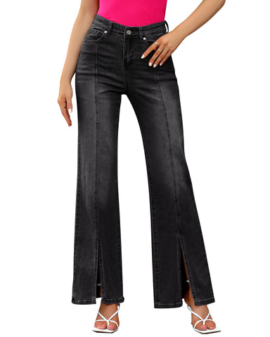 GRAPENT 2023 Womens Flare Jeans High Waisted Wide Leg Baggy Jean for Women Split Hem Stretch Denim Pants