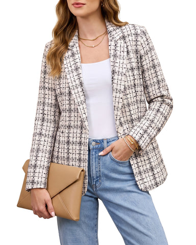 GRAPENT Tweed Blazers for Women Plaid Jacket Long Sleeve Work Casual Blazer | Notched Lapel, Fully Lined, Shoulder Pads, Single Button, 2 Pockets, Interview, Office outfits, Business Casual Blazers