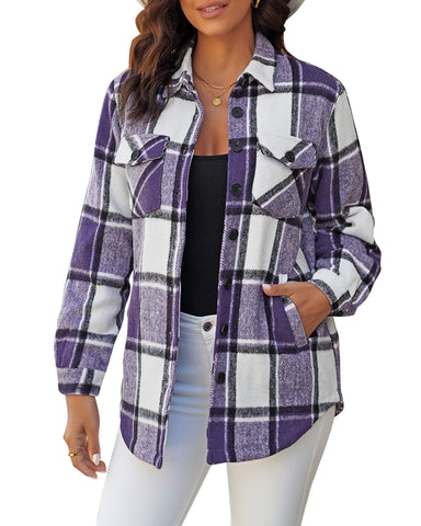GRAPENT Women's Oversized Plaid Button Down Shirt Quilted Lined Shacket Jacket