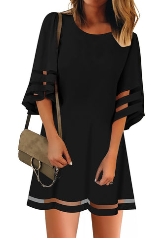 GRAPENT Women Casual Crewneck Mesh Panel 3/4 Bell Sleeve Loose Tunic Dress