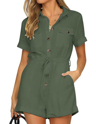 GRAPENT Women's Summer Short Sleeve Button Down Pockets Belted Jumpsuits Rompers