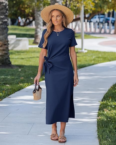 GRAPENT Long Dresses for Women Casual Summer Side Split Beach Vacation Short Sleeve Self Tie 2026 Comfy Tshirt Dress
