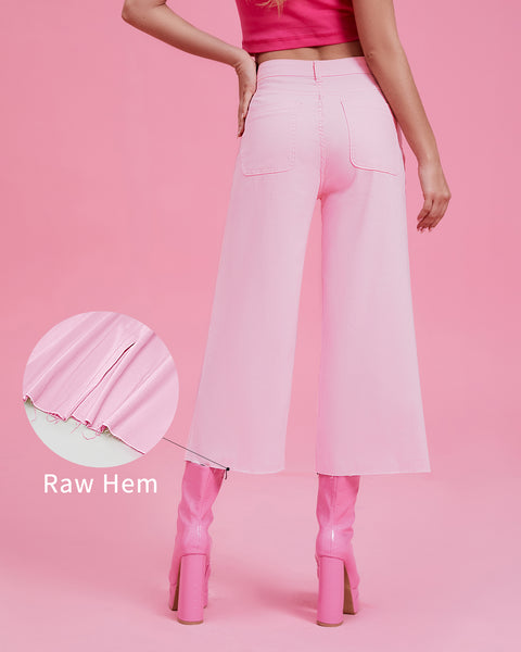 GRAPENT Jean Capris for Women Wide Leg Jeans High Waisted Seamed Front Raw Hem Denim Capri Pants Stretchy