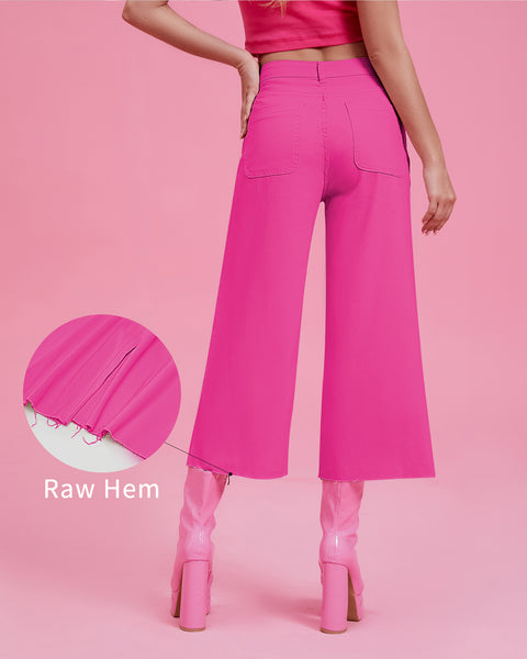 GRAPENT Jean Capris for Women Wide Leg Jeans High Waisted Seamed Front Raw Hem Denim Capri Pants Stretchy