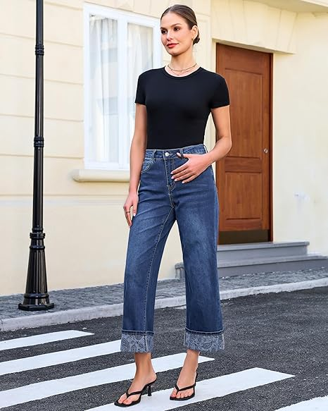 Grapent Women's High Waisted Cropped Wide Leg Jeans Trendy Printed Design Fold Hem Loose Straight Leg Stretchy Denim Pants Casual Daily Fashion Trousers