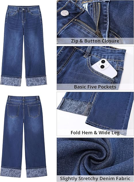 Grapent Women's High Waisted Cropped Wide Leg Jeans Trendy Printed Design Fold Hem Loose Straight Leg Stretchy Denim Pants Casual Daily Fashion Trousers