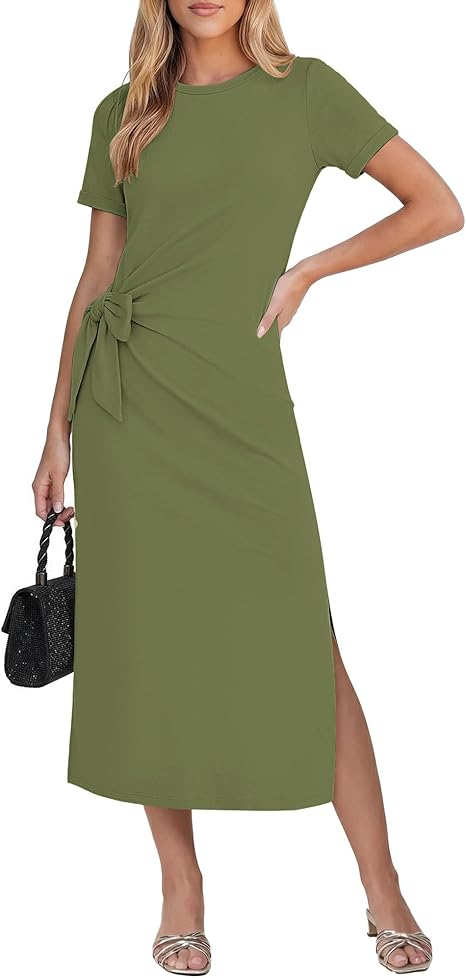 GRAPENT Long Dresses for Women Casual Summer Side Split Beach Vacation Short Sleeve Self Tie 2026 Comfy Tshirt Dress