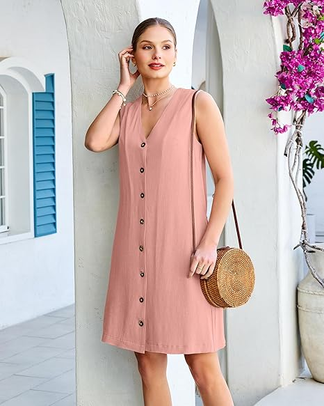 GPAPENT Linen Dresses for Women Summer Casual Sleeveless Button Down V Neck Pocket Self Tie Knee Length Loose Sun Dress