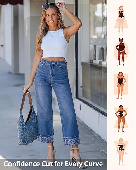 Grapent Women's High Waisted Cropped Wide Leg Jeans Trendy Printed Design Fold Hem Loose Straight Leg Stretchy Denim Pants Casual Daily Fashion Trousers
