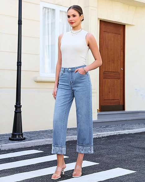 Grapent Women's High Waisted Cropped Wide Leg Jeans Trendy Printed Design Fold Hem Loose Straight Leg Stretchy Denim Pants Casual Daily Fashion Trousers