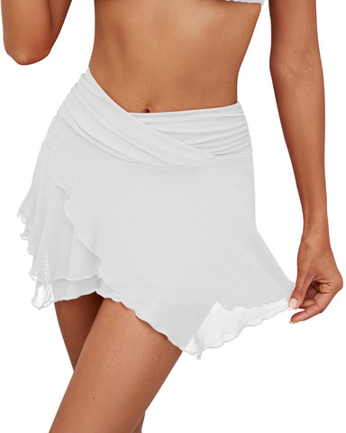 GRAPENT Swim Skirt Bottoms for Women Criss Cross High Waisted Bikini Bottom Layered Mesh Flowy Shorts Bathing Suit Skort