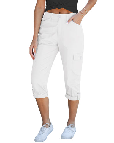 GRAPENT Cargo Capri Pants for Women High Waisted Relaxed Fit Elastic Knit Waist Casual Capris Trousers Cropped Pants