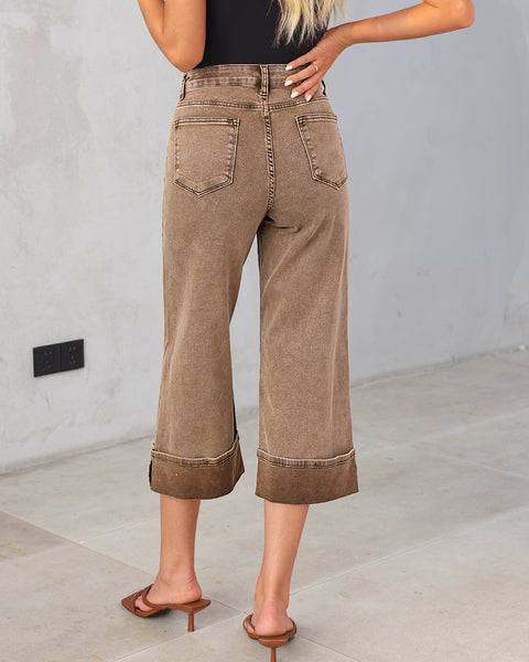 GRAPENT Wide Leg Jeans for Women High Waisted Stretchy Denim Capri Pants Fold Hem Cropped Baggy Capris Jeans with Pocket