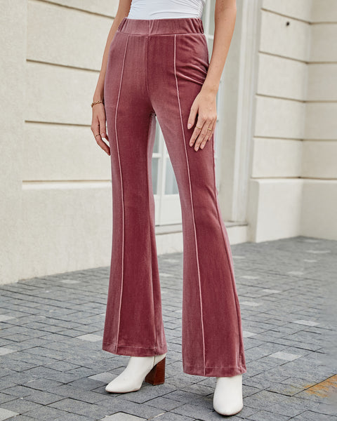 GRAPENT Flare Velvet Pants for Women High Waisted Wide Leg Stretch Elastic Waist Pull On Trousers Front Seam Slacks