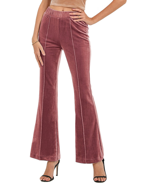 GRAPENT Flare Velvet Pants for Women High Waisted Wide Leg Stretch Elastic Waist Pull On Trousers Front Seam Slacks