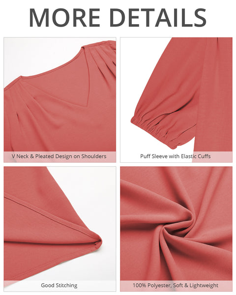 GRAPENT Business Casual Tops for Women Work Blouses Dressy Short Puff Sleeve Office Pleated V Neck Trendy Summer Blouse