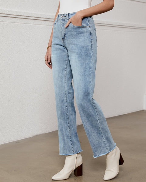 GRAPENT Straight Leg Jeans for Women High Waisted Stretchy Frayed Raw Hem Loose Denim Pants Casual Baggy Jean Trousers