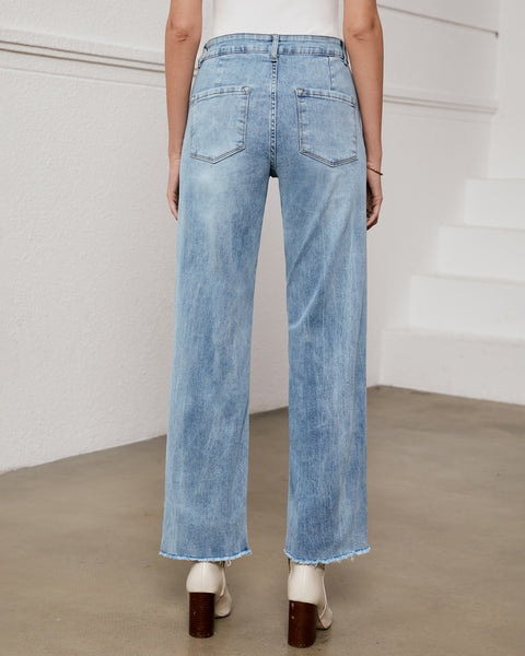 GRAPENT Straight Leg Jeans for Women High Waisted Stretchy Frayed Raw Hem Loose Denim Pants Casual Baggy Jean Trousers