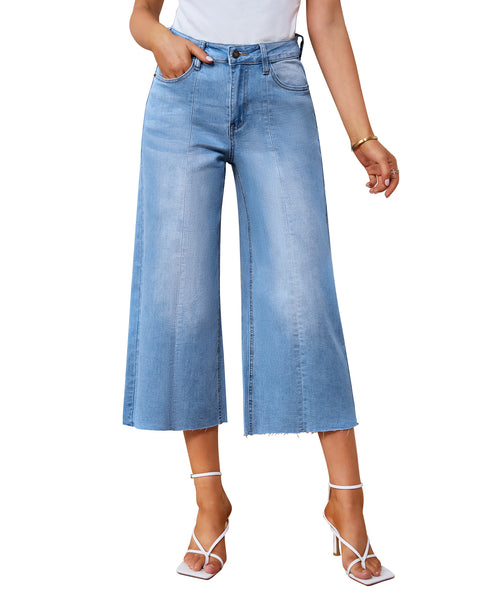 GRAPENT Jean Capris for Women Wide Leg Jeans High Waisted Seamed Front Raw Hem Denim Capri Pants Stretchy