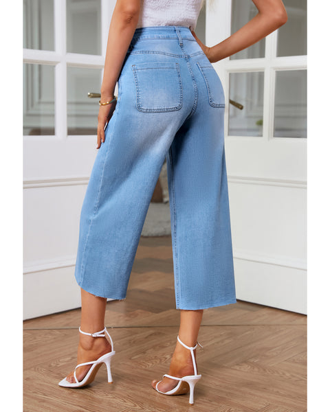 GRAPENT Jean Capris for Women Wide Leg Jeans High Waisted Seamed Front Raw Hem Denim Capri Pants Stretchy