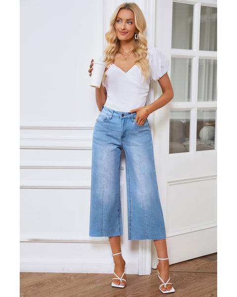 GRAPENT Jean Capris for Women Wide Leg Jeans High Waisted Seamed Front Raw Hem Denim Capri Pants Stretchy