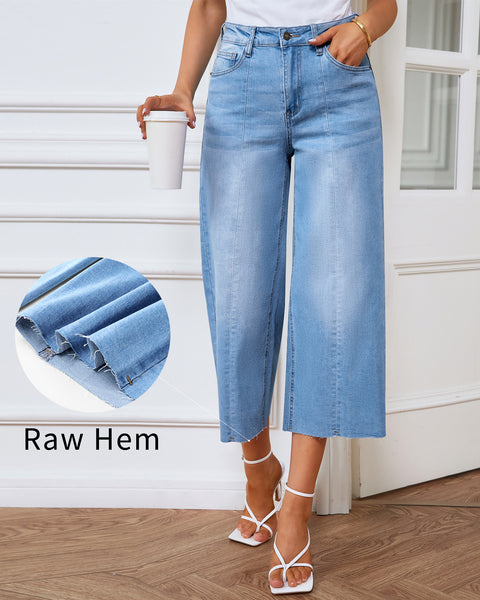 GRAPENT Jean Capris for Women Wide Leg Jeans High Waisted Seamed Front Raw Hem Denim Capri Pants Stretchy