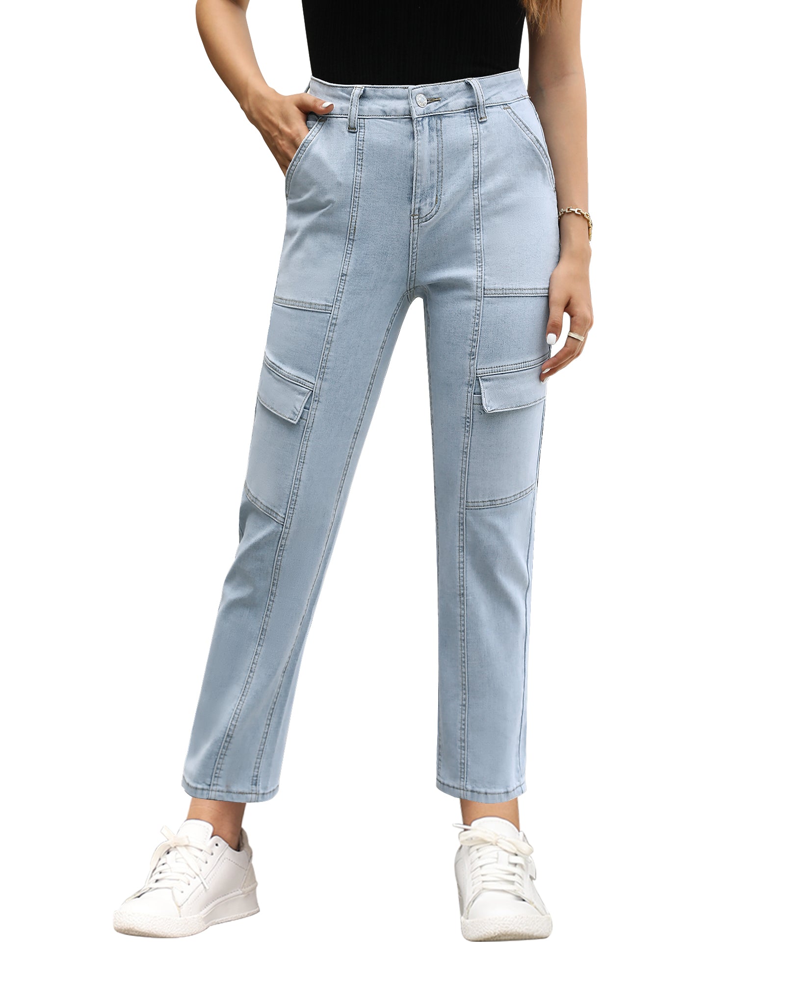 Women's Denim Jeans Fashion High Waist Striaght Leg Long Pants