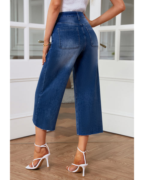 GRAPENT Jean Capris for Women Wide Leg Jeans High Waisted Seamed Front Raw Hem Denim Capri Pants Stretchy