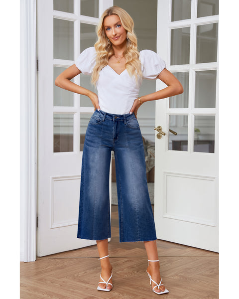 GRAPENT Jean Capris for Women Wide Leg Jeans High Waisted Seamed Front Raw Hem Denim Capri Pants Stretchy