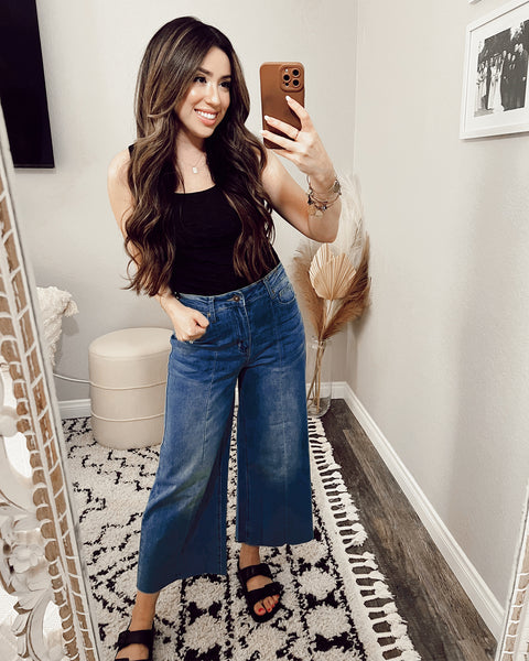 GRAPENT Jean Capris for Women Wide Leg Jeans High Waisted Seamed Front Raw Hem Denim Capri Pants Stretchy