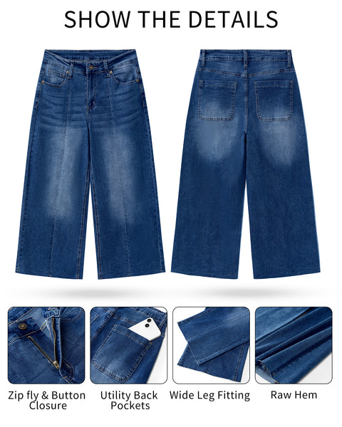 GRAPENT Jean Capris for Women Wide Leg Jeans High Waisted Seamed Front Raw Hem Denim Capri Pants Stretchy