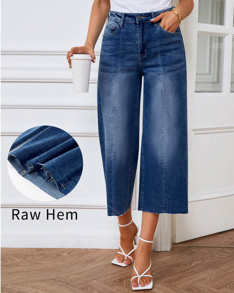 GRAPENT Jean Capris for Women Wide Leg Jeans High Waisted Seamed Front Raw Hem Denim Capri Pants Stretchy