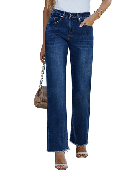 GRAPENT Straight Leg Jeans for Women High Waisted Stretchy Frayed Raw Hem Loose Denim Pants Casual Baggy Jean Trousers