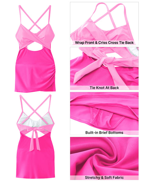 GRAPENT One Piece Bathing Suit for Women with Skirt Cutout Swimsuits Criss Cross Swim Dress Colorblock Tie Back Swimwear