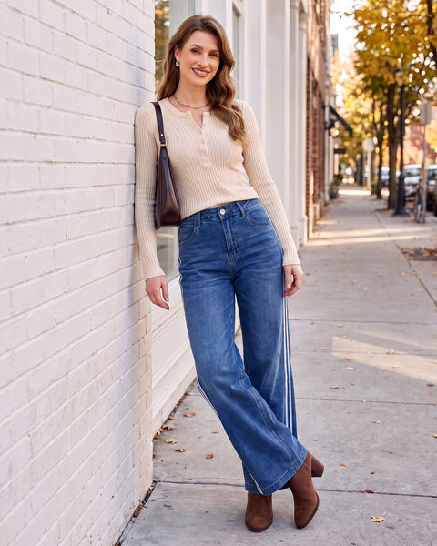 GRAPENT Wide Leg Jeans for Women High Rise Track Stripe Stretch Denim Pants Womens Jeans High Waisted, Full Length, 29.5" Inseam, Classic 5 Pockets, 90s Baggy Style, Country Concert, Work Casual Outfit