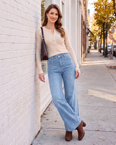 GRAPENT Wide Leg Jeans for Women High Rise Track Stripe Stretch Denim Pants Womens Jeans High Waisted, Full Length, 29.5" Inseam, Classic 5 Pockets, 90s Baggy Style, Country Concert, Work Casual Outfit