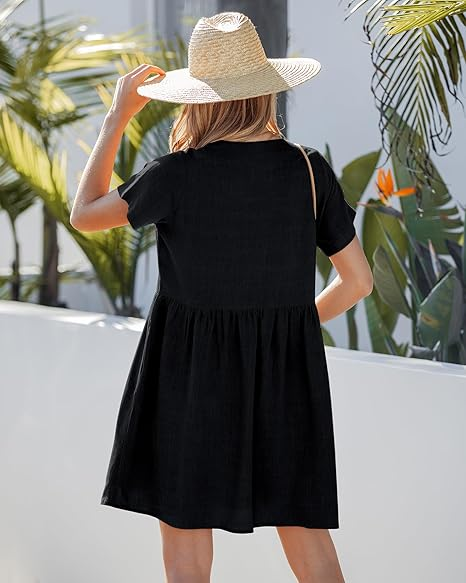 GRAPENT Linen Dresses for Women Casual Summer Babydoll Button Down Short Sleeve V Neck Above Knee Dress with Pockets