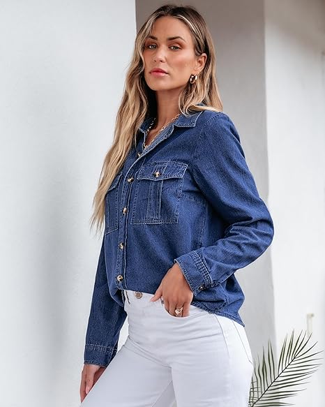 Grapent Women's Supima Cotton Wrinkle-free Relaxed Fit  Button Shirt Workwear-inspired Denim Shirt