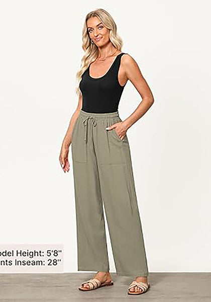 GRAPENT Linen Pants for Women Wide Leg High Waisted Baggy Drawstring Elastic Waist Palazzo Trousers Pants with Pockets