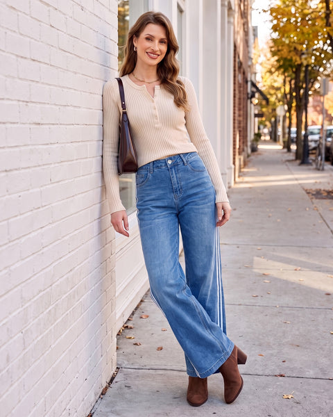 GRAPENT Wide Leg Jeans for Women High Rise Track Stripe Stretch Denim Pants Womens Jeans High Waisted, Full Length, 29.5" Inseam, Classic 5 Pockets, 90s Baggy Style, Country Concert, Work Casual Outfit