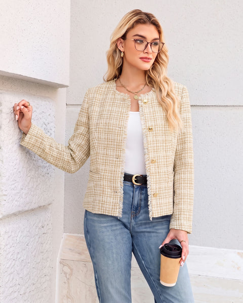 GRAPENT Tweed Blazers for Women Dressy Casual Collarless Work Suit Jackets Textured Tweed, Long Sleeve, Round Neck, Frayed Trim, Casual Blazer Jackets with Shoulder Pads, Business Casual, Office Wear