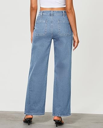 GRAPENT Wide Leg Jeans for Women Trendy High Waisted Loose Straight Leg Stretchy Retro Denim Pants with Pouch Pockets