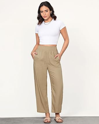GRAPENT Linen Pants Women Wide Leg High Waisted Cropped Barrel Pull On Smocked Elastic Waist Summer Pants with Pockets