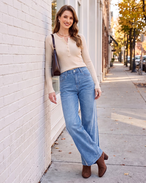 GRAPENT Wide Leg Jeans for Women High Rise Track Stripe Stretch Denim Pants Womens Jeans High Waisted, Full Length, 29.5" Inseam, Classic 5 Pockets, 90s Baggy Style, Country Concert, Work Casual Outfit