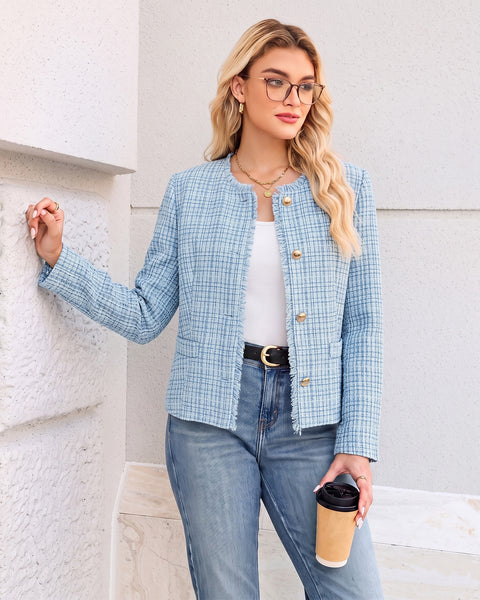 GRAPENT Tweed Blazers for Women Dressy Casual Collarless Work Suit Jackets Textured Tweed, Long Sleeve, Round Neck, Frayed Trim, Casual Blazer Jackets with Shoulder Pads, Business Casual, Office Wear