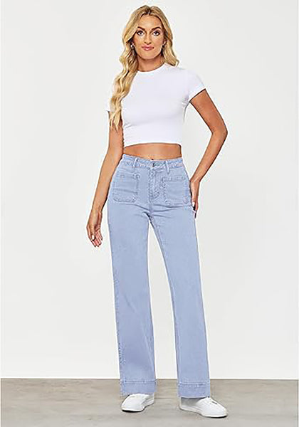 GRAPENT Women's Full Length Stretch Denim Regular Jeans High Waisted Bell Bottom