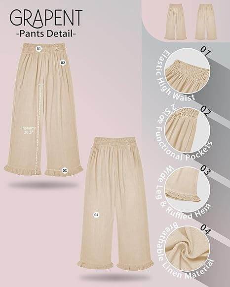 GRAPENT Linen Pants Women Wide Leg Ruffle Hem Pull On High Waisted Elastic Waist Cropped Ankle Casual Beach Summer Pants
