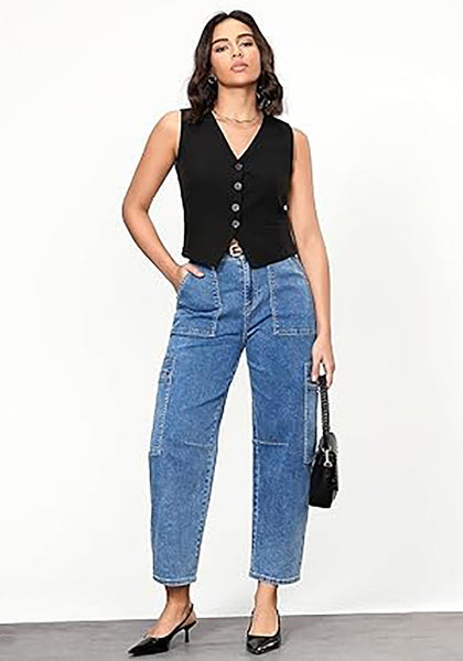 GRAPENT Barrel Jeans for Women Trendy High Waisted Cropped Cargo Pocket Baggy Stretch Denim Pants Wide Leg Tapered Jeans